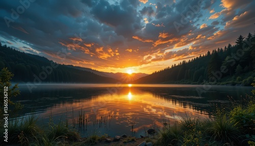 Wallpaper Mural Sunset Reflections Over Calm Lake Surrounded by Lush Forest Torontodigital.ca