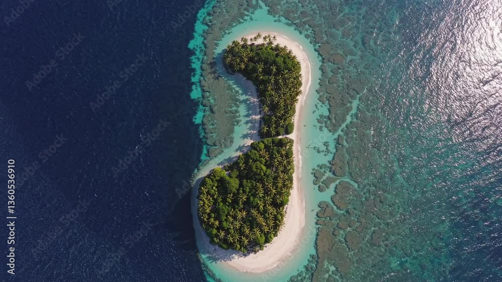 Lush tropical vegetation covers a small, j shaped island surrounded by shallow, turquoise water and deep blue ocean, creating a serene and idyllic scene