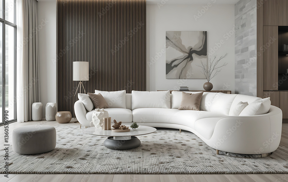 Fototapeta premium Luxury Modern living room with a curved white sofa