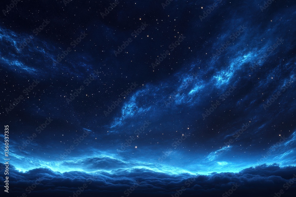 A mesmerizing night sky filled with shimmering stars and glowing clouds over a tranquil horizon A mesmerizing night sky filled with shimmering stars and glowing clouds over a tranquil horizon