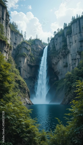 Majestic Waterfall Surrounded by Lush Green Forest and Mountains