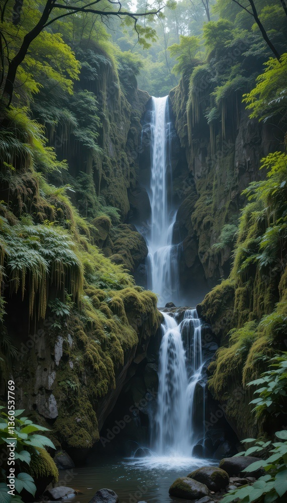 Fototapeta premium Majestic Waterfall Surrounded by Lush Greenery and Misty Atmosphere