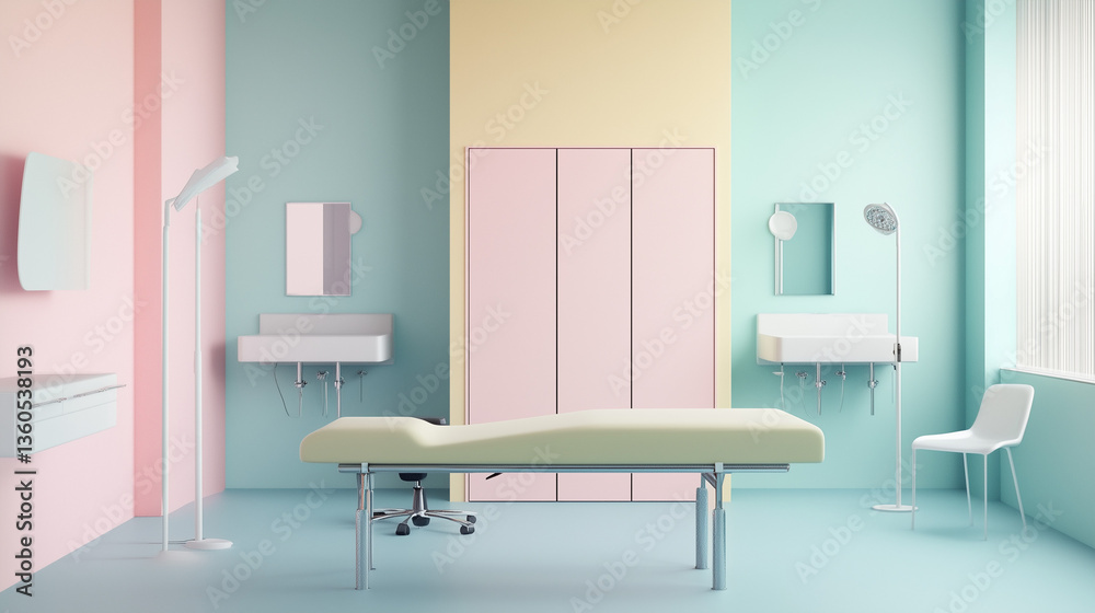 Fototapeta premium Minimalist Medical Examination Room in Pastel Pink and Mint Green for Body Analysis