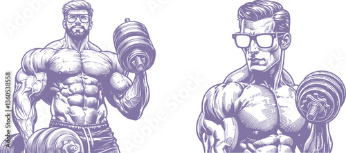 Engraved Muscular Man Lifting Dumbbell - Powerful Strength & Fitness Artwork Design 