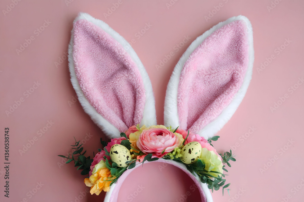 Plush Pink Bunny Ears Headband Decorated with Spring Flowers and Easter Eggs on a Soft Pastel Background Plush Pink Bunny Ears Headband Decorated with Spring Flowers and Easter Eggs on a Soft Pastel Background