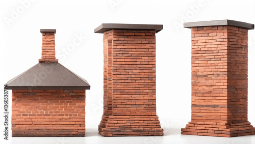 Brick Chimneys Isolated on a White Background: Architectural Features of Homes