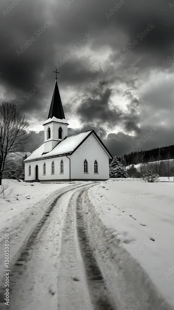 Snow-covered church under dramatic clouds during winter in a serene rural landscape