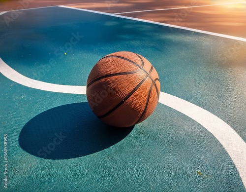 Pelota de baloncesto sobre una cancha y una canasta al fondo. Concepto de deporte callejero