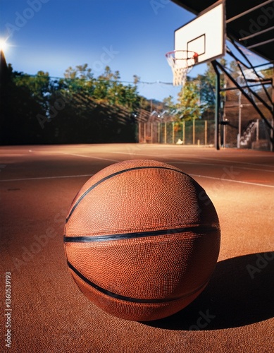 Pelota de baloncesto sobre una cancha y una canasta al fondo. Concepto de deporte callejero