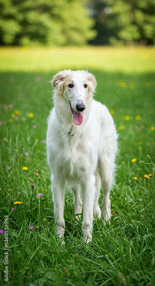 Elegant Borzoi Puppy Standing in a Green Meadow – Graceful Young Russian Wolfhound Elegant Borzoi Puppy Standing in a Green Meadow – Graceful Young Russian Wolfhound
