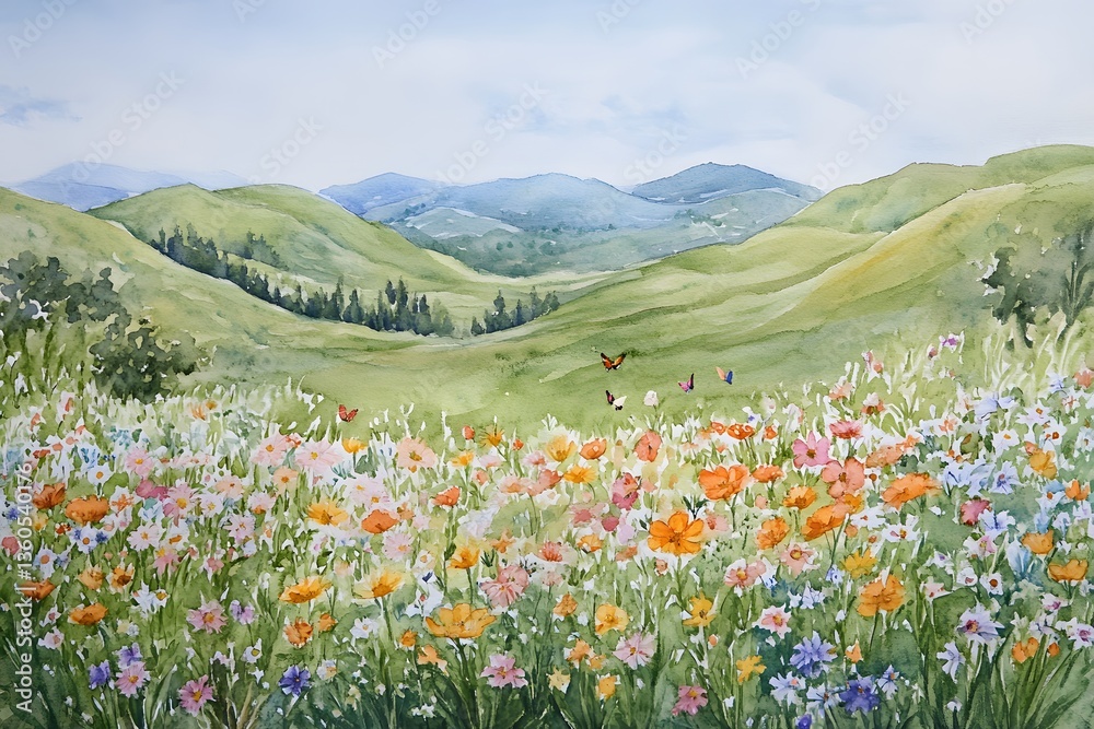 Fototapeta premium Vibrant wildflower meadow in spring with rolling hills and distant mountains in soft light