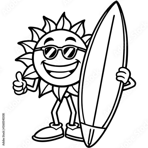 Cheerful cartoon sun character holding a surfboard, in coloring book style