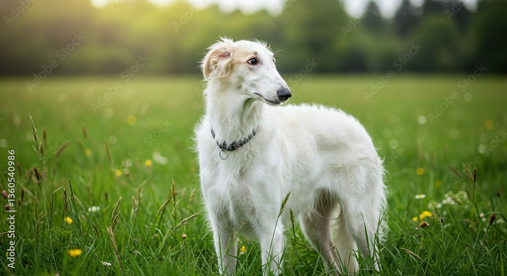 Elegant Borzoi Puppy Standing in a Green Meadow – Graceful Young Russian Wolfhound Elegant Borzoi Puppy Standing in a Green Meadow – Graceful Young Russian Wolfhound