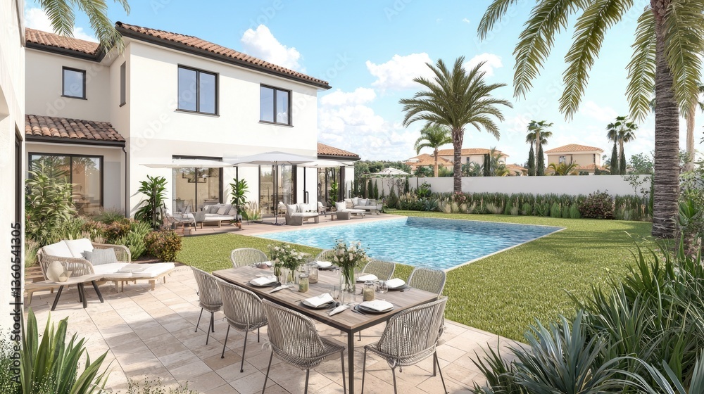 Fototapeta premium House by pool with palm trees and outdoor seating on sunny lawn for summer home design