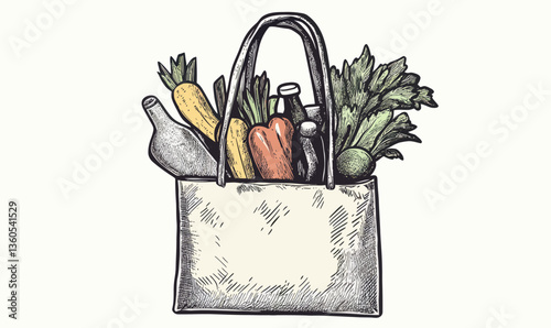 Hand-Drawn Grocery Bag Illustration with Fresh Food in Minimalist Vector Style