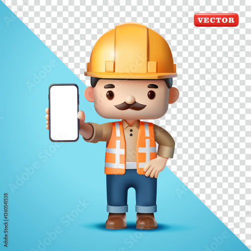 Construction worker shows screen of smartphone he is holding, 3D vector. Suitable for business, construction and element design