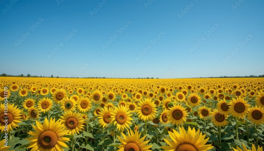 Fototapeta premium Vibrant Sunflower Field Under Clear Blue Sky in Summer Sunshine