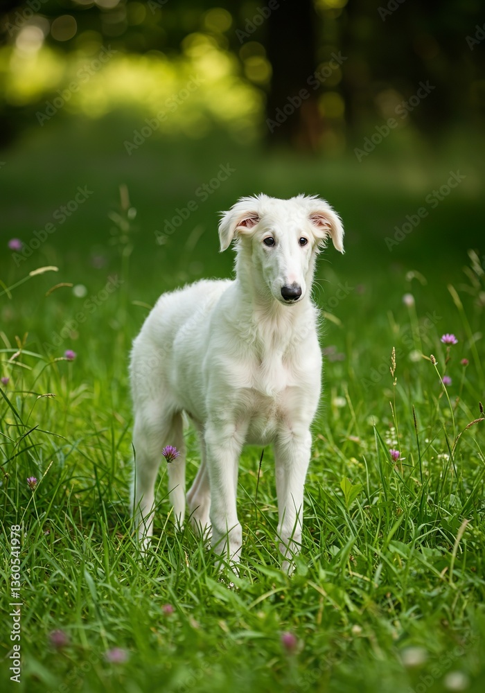 Elegant Borzoi Puppy Standing in a Green Meadow – Graceful Young Russian Wolfhound Elegant Borzoi Puppy Standing in a Green Meadow – Graceful Young Russian Wolfhound
