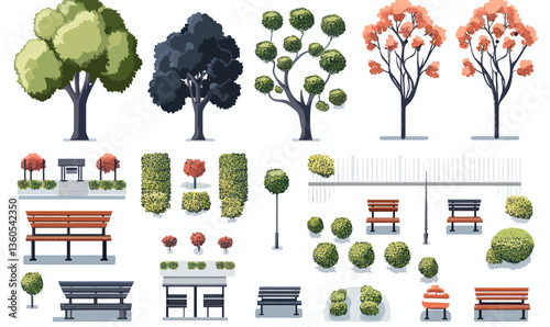 Minimalist Urban Park Landscape Vector with Trees, Benches, and Pathways