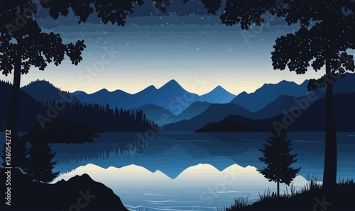 Tranquil Night Lake Scene with Mountains and Starry Sky in Minimalist Vector Art