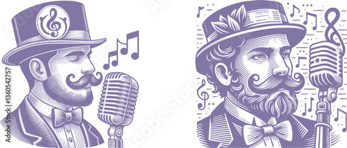 Engraving Design Set Man with Mustache Wearing Musical Symbol Hat - Unique Art for Music Lovers vintage broadcaster, radio announcer, man, mustache, microphone, musical symbol hat, stage, people