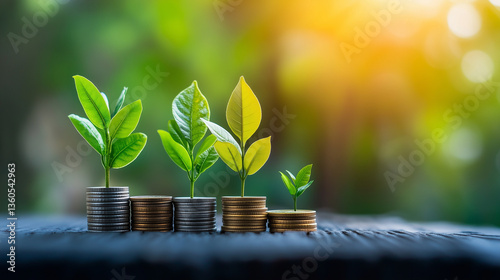  Five stacks of coins with growing plants of varying sizes, placed on a wooden surface, representing financial growth and investment in a natural setting, png isolate on white transparent background .