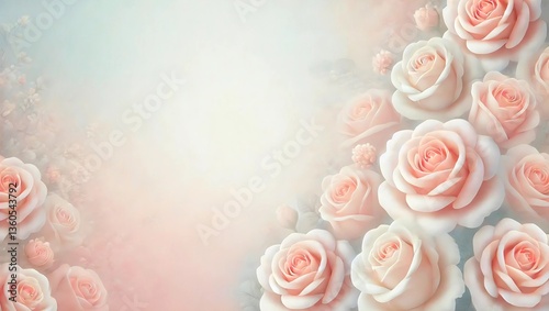 Enchanted Pastel Floral Dreamscape: Ethereal Floating Pink and White Roses Set Against a Misty, Cloud-Like Background Exuding a Soft, Romantic Aura space for text