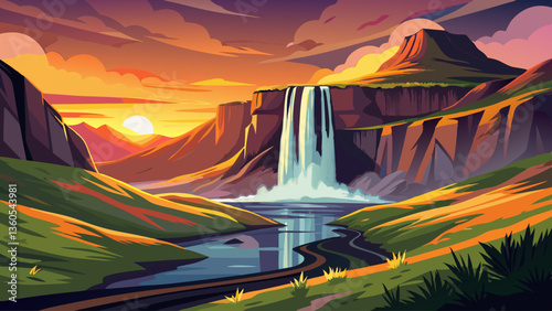 Incredible sunset on Seljalandsfoss. One of the most beautiful waterfalls on the Iceland, Europe. Popular and famous tourist attraction summer holiday destination in on South Iceland. Travel postcard