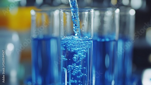 Close-up view of a vibrant blue liquid being poured into a glass tube, surrounded by other tubes filled with the same liquid.  A lab experiment in progress.