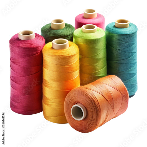 A collection of colorful spools of thread in various shades, including red, blue, yellow, and green, isolated on a white background, showcasing cotton threads for sewing and embroidery