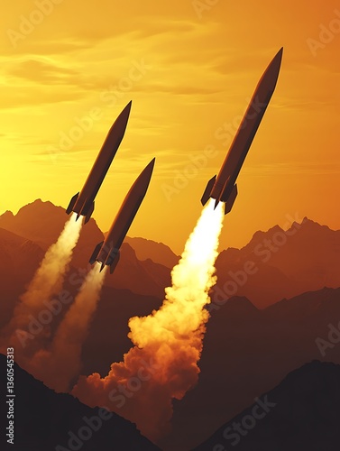 Three missiles ascending above distant mountainous landscape against golden sky
