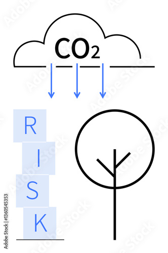 CO2 cloud with downward arrows, stacked RISK blocks, simple tree graphic. Ideal for environmental issues, sustainability, global warming, risk analysis, conservation, climate change abstract line
