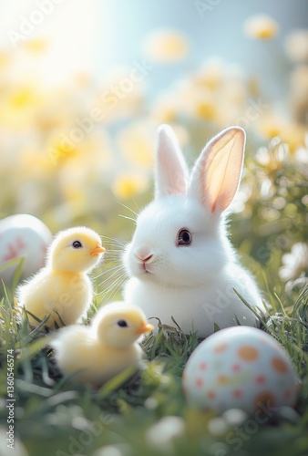 Wallpaper Mural Cute white rabbit and fluffy yellow chicks surrounded by colorful eggs in a bright grassy field filled with flowers, perfect for spring and Easter celebrations Torontodigital.ca