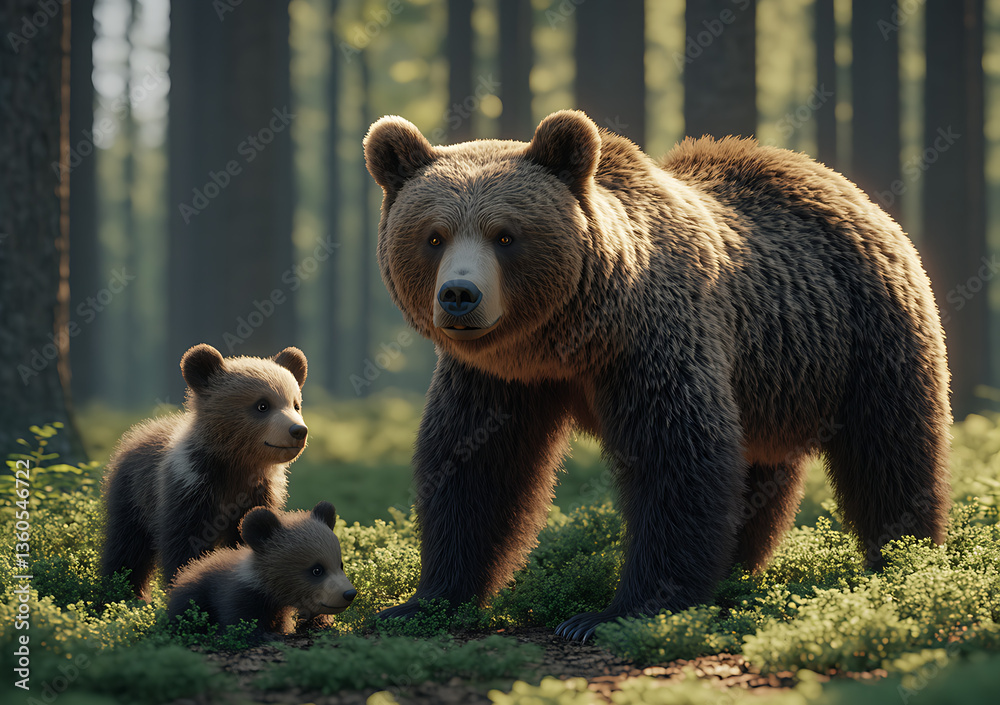 Obraz premium Mother bear grizzly and the little bears in the forest