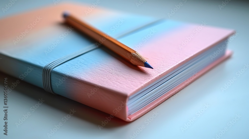 Elegant pink and blue notebook journal with pencil, perfect for writing, planning, and organizing thoughts and ideas. Elegant pink and blue notebook journal with pencil, perfect for writing, planning, and organizing thoughts and ideas.