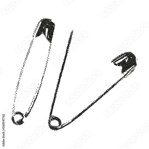 Safety pins elements photocopy. Retro vector illustration grunge dotted texture.