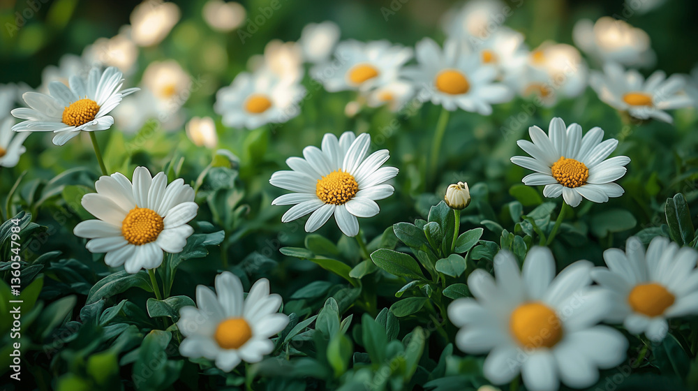 Fototapeta premium Lush meadow filled with white daisies blooming in sunlight 