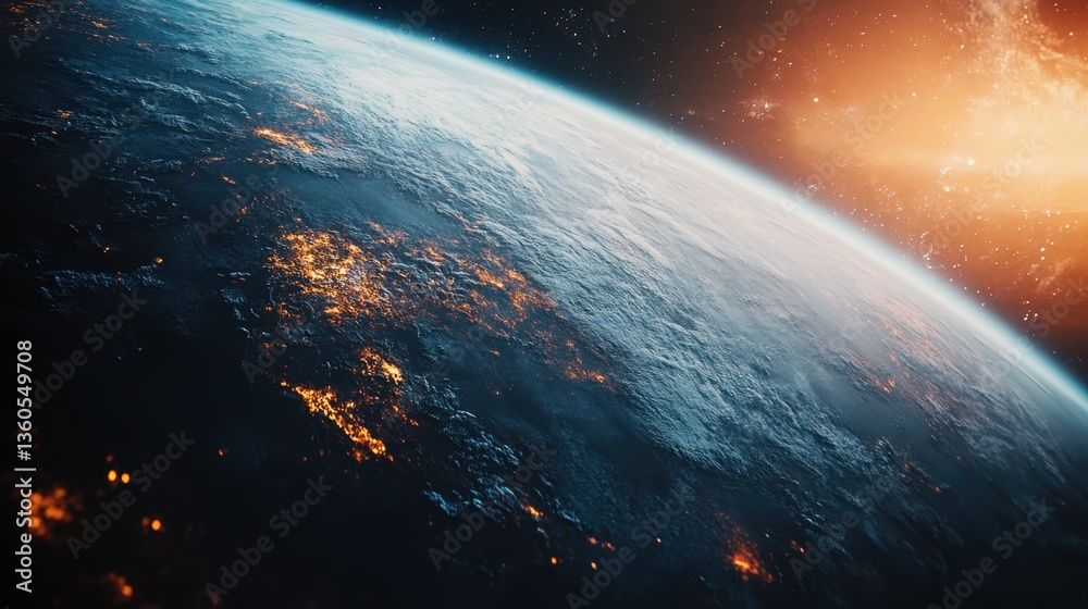 Fototapeta premium Earth viewed from space at sunrise, showcasing clouds and illuminated cities in the early morning light