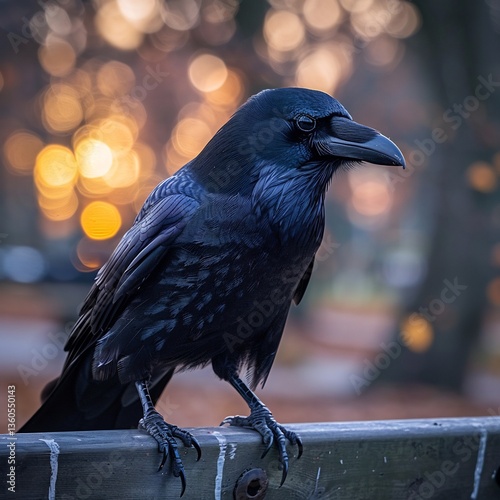 Torresian Crow investigates shiny coin sunlit park bench intelligent bird tilt head curiously glossy black feather reflecting hint of blue purple blurred background of quiet urban park add sense of photo
