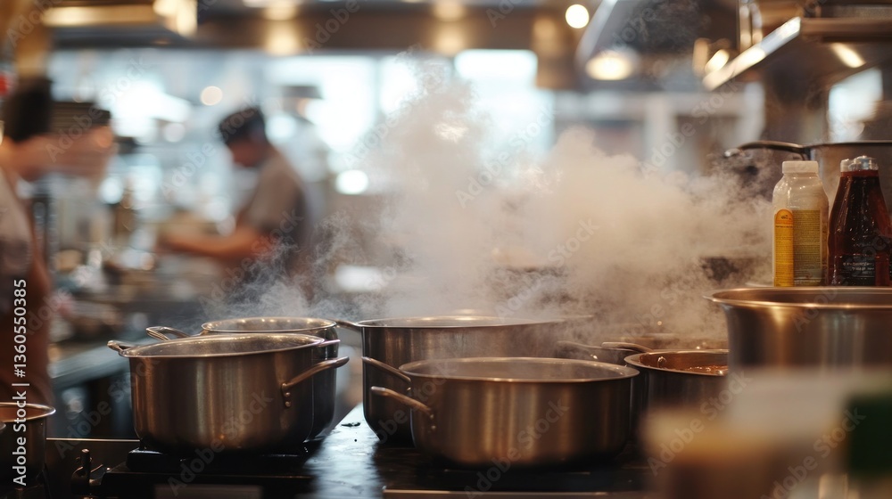 Busy restaurant kitchen, steaming pots, chefs at work Busy restaurant kitchen, steaming pots, chefs at work