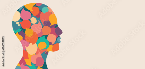 Anonymous human head silhouette with many speech bubbles inside as Equality inclusion diversity concept. Communication and dialogue