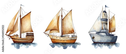Watercolor Sailing Ships Set.