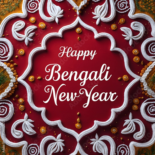 Happy Bengali New Year greeting cards feature cultural and festive elements like Alpana, Howrah Bridge, Dhakis, Panta Bhat, Bengali sweets, Durga eyes, and handcrafted pottery, with elegant English ca