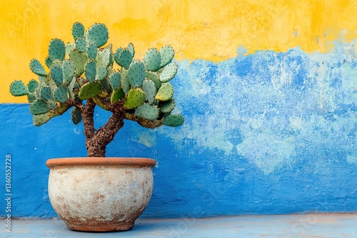 Tree cactus thrives in cement pot against a vibrant blue and yellow wall background