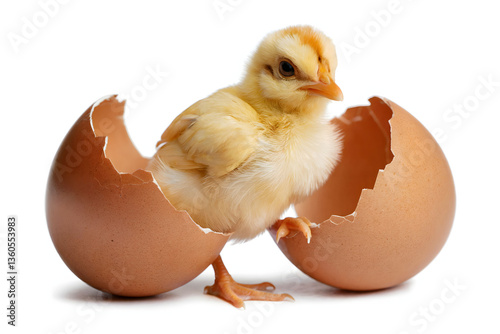 Curious Baby Chick Stepping Out of Cracked Brown Eggshell – Symbol of New Life, Springtime, and Fresh Beginnings