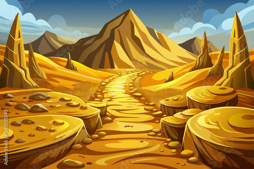 golden abstract landscape with road and gold stones illustration, game background