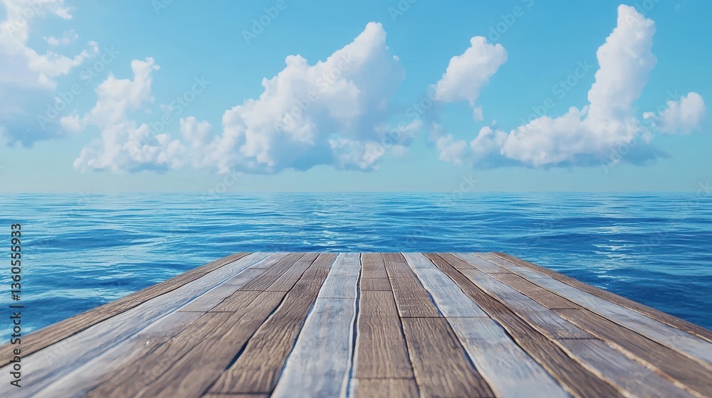 Fototapeta premium Wooden pier with blue sea and sky background.
