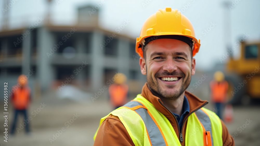 Construction Engineer Smiling on Active Building Site Construction Engineer Smiling on Active Building Site