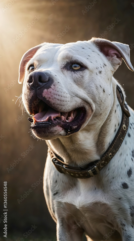 Beautiful white pit bull dog breed running gracefully on a dirt path, pets and animals background, wallpaper