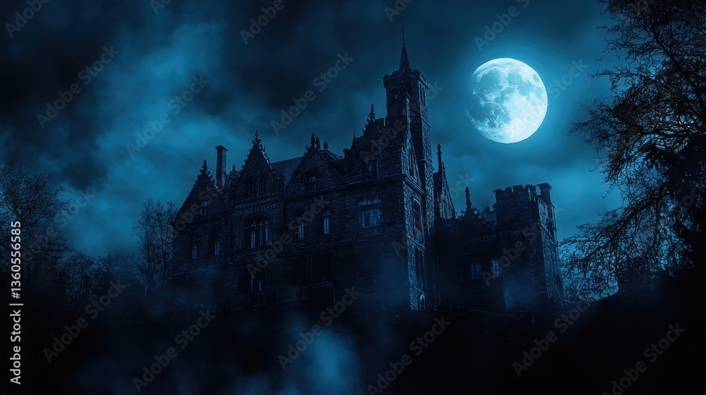 Mysterious castle illuminated by a full moon amidst foggy darkness in a mystical night setting